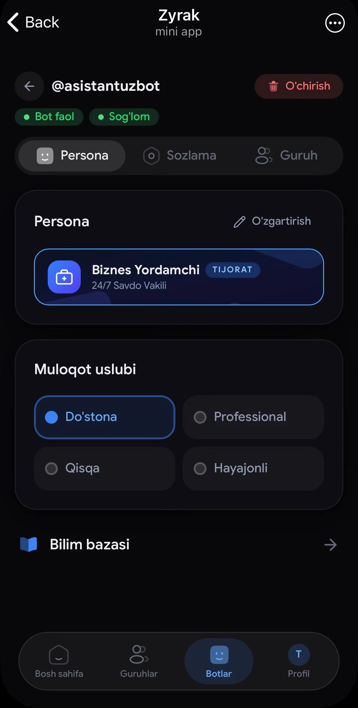 Bot personasini sozlash